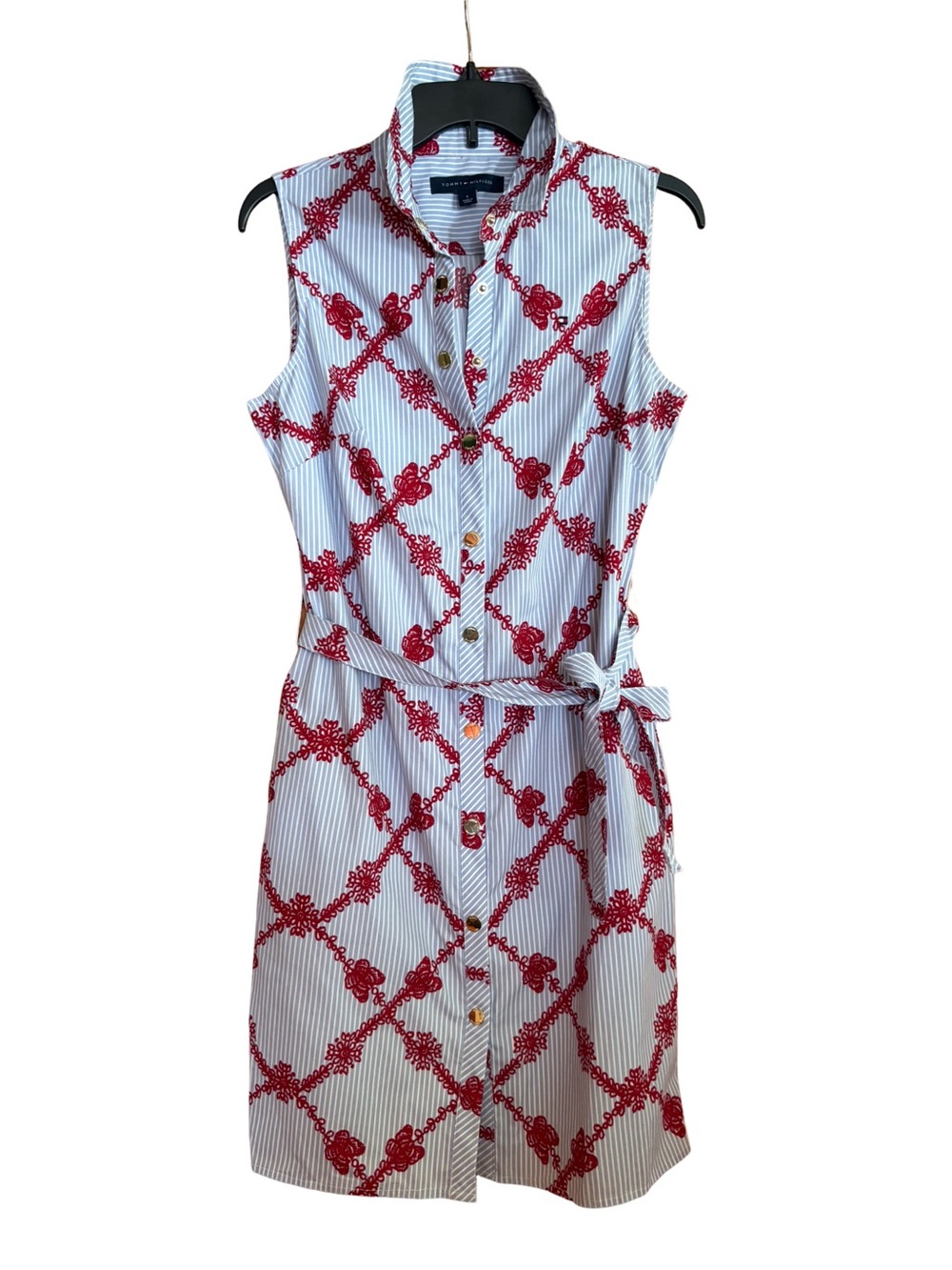 Tommy Hilfiger shirtdress blue pinstripe trellis red floral butterfly print 6